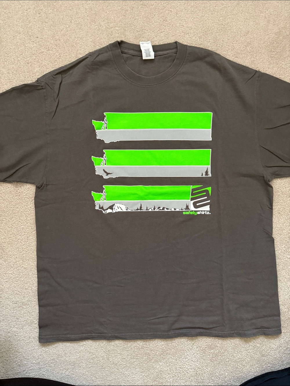 Men's Dark Gray Graphic Tee with Neon Green Stripes Safety Shirtz.  SIZE XL